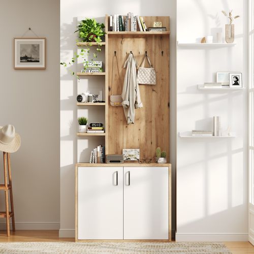Vestiaire D’entrée Avec Rangements Ouverts Et Fermés, Bois Et Blanc, 75x33x180 Cm