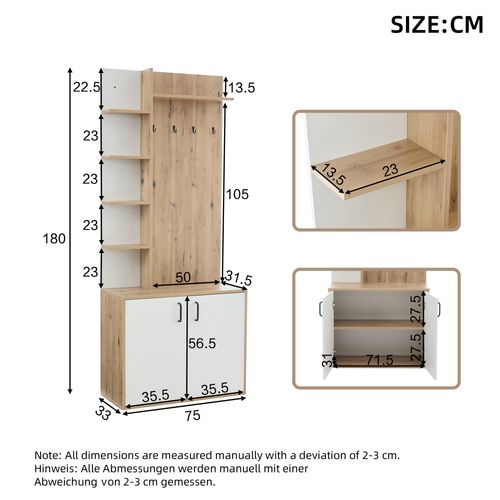 Vestiaire D’entrée Avec Rangements Ouverts Et Fermés, Bois Et Blanc, 75x33x180 Cm