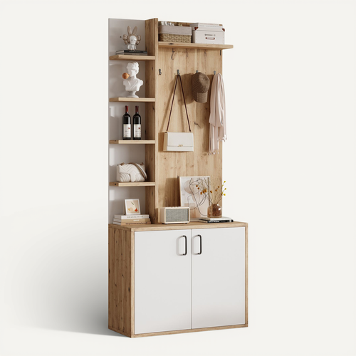 Vestiaire D’entrée Avec Rangements Ouverts Et Fermés, Bois Et Blanc, 75x33x180 Cm
