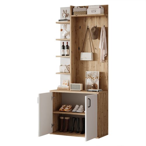 Vestiaire D’entrée Avec Rangements Ouverts Et Fermés, Bois Et Blanc, 75x33x180 Cm