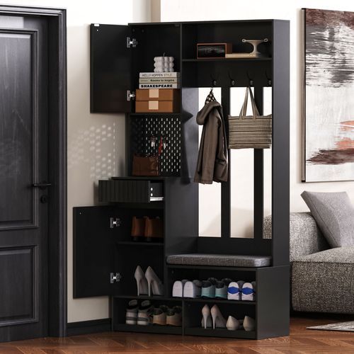 Vestiaire D'entrée Complet Avec Banc, Crochets Et Tiroirs, Armoire Noire 100x180x35 Cm