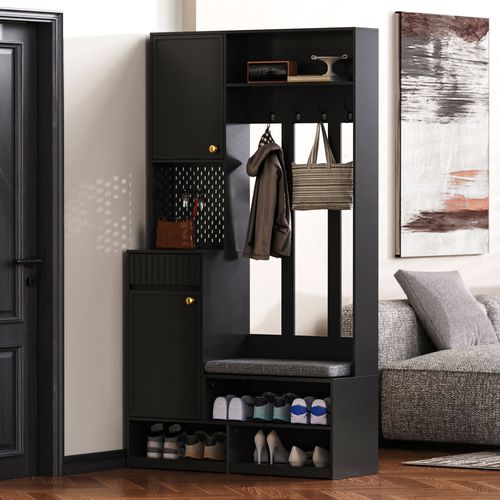 Vestiaire D'entrée Complet Avec Banc, Crochets Et Tiroirs, Armoire Noire 100x180x35 Cm