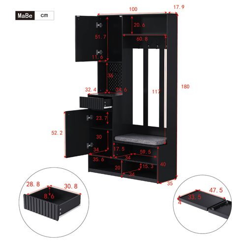 Vestiaire D'entrée Complet Avec Banc, Crochets Et Tiroirs, Armoire Noire 100x180x35 Cm