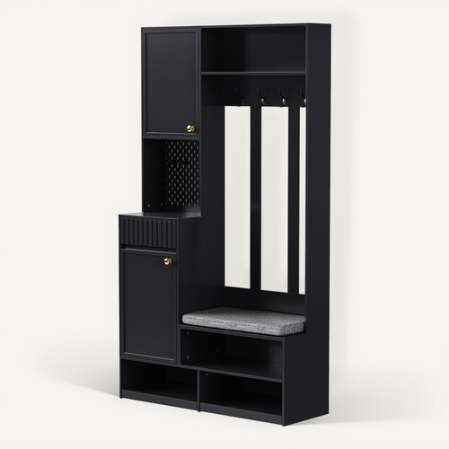 Vestiaire D'entrée Complet Avec Banc, Crochets Et Tiroirs, Armoire Noire 100x180x35 Cm