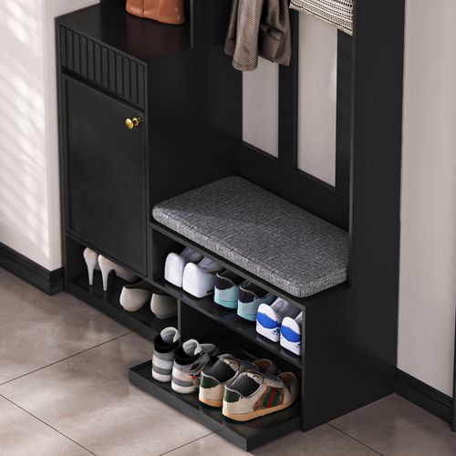 Vestiaire D'entrée Complet Avec Banc, Crochets Et Tiroirs, Armoire Noire 100x180x35 Cm