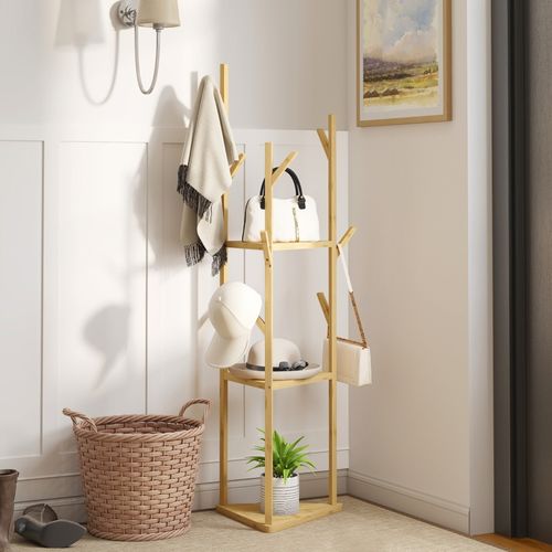 HOMCOM Cintre En Bambou Arbre à Vêtements - 8 Crochets 3 Étagères Naturel Et Blanc