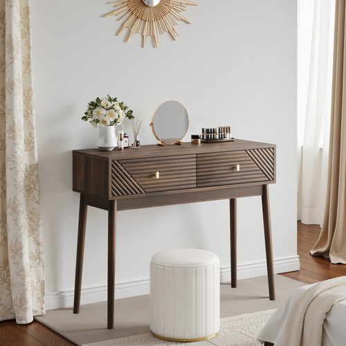 Console Mid-century Modern Avec Tiroirs Et étagères Ouvertes, Noyer