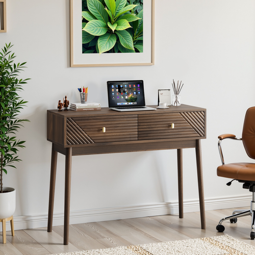 Console Mid-century Modern Avec Tiroirs Et étagères Ouvertes, Noyer