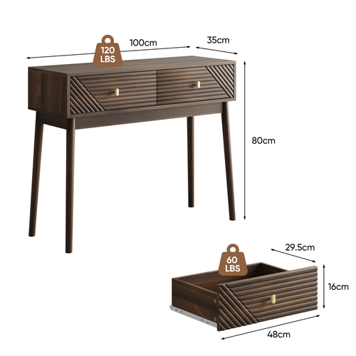 Console Mid-century Modern Avec Tiroirs Et étagères Ouvertes, Noyer