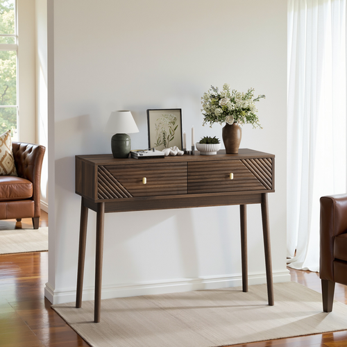 Console Mid-century Modern Avec Tiroirs Et étagères Ouvertes, Noyer