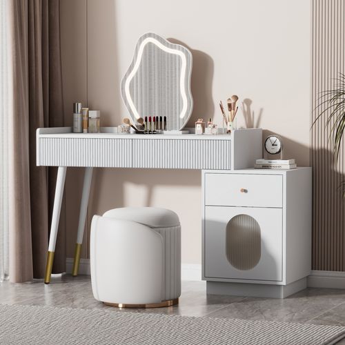Coiffeuse Blanche Avec LED, 3 Tiroirs Et 1 Porte Pour Chambre