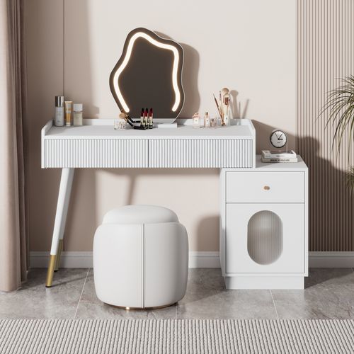 Coiffeuse Blanche Avec LED, 3 Tiroirs Et 1 Porte Pour Chambre