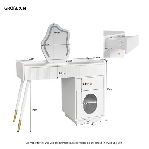 Coiffeuse Blanche Avec LED, 3 Tiroirs Et 1 Porte Pour Chambre