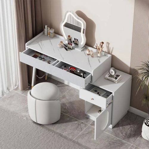 Coiffeuse Blanche Avec LED, 3 Tiroirs Et 1 Porte Pour Chambre