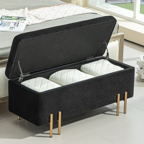 Banc Coffre En Tissu Avec Rangement Et Pieds Métal 100 Cm - Noir