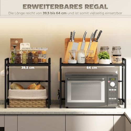 Support Micro-ondes Extensible Avec 3 Crochets, étagère Cuisine Métal Noir
