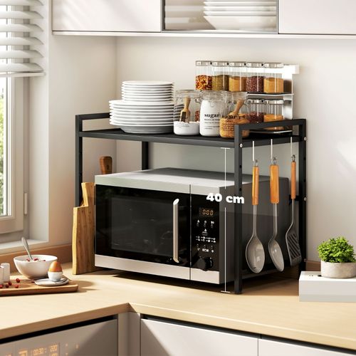 Support Micro-ondes Extensible Avec 3 Crochets, étagère Cuisine Métal Noir