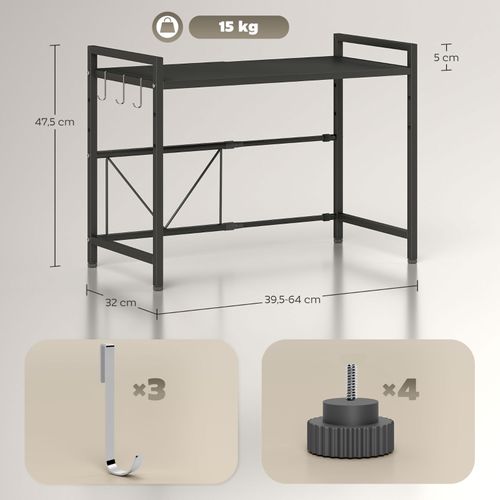 Support Micro-ondes Extensible Avec 3 Crochets, étagère Cuisine Métal Noir
