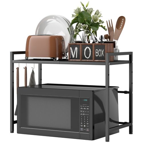 Support Micro-ondes Extensible Avec 3 Crochets, étagère Cuisine Métal Noir