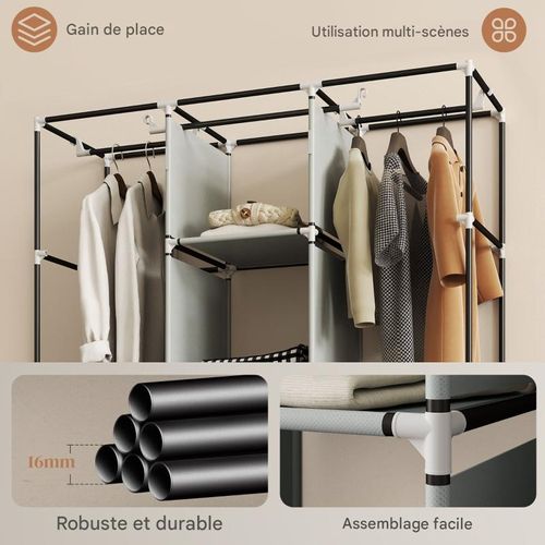 Penderie en tissu gris clair avec penderie, tiroirs et étagères, rangement pratique 125x43x162,5 cm