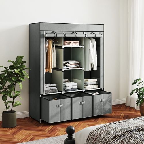 Penderie en tissu gris clair avec penderie, tiroirs et étagères, rangement pratique 125x43x162,5 cm