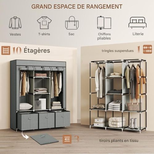 Penderie en tissu gris clair avec penderie, tiroirs et étagères, rangement pratique 125x43x162,5 cm