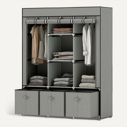 Penderie en tissu gris clair avec penderie, tiroirs et étagères, rangement pratique 125x43x162,5 cm