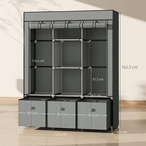 Penderie en tissu gris clair avec penderie, tiroirs et étagères, rangement pratique 125x43x162,5 cm