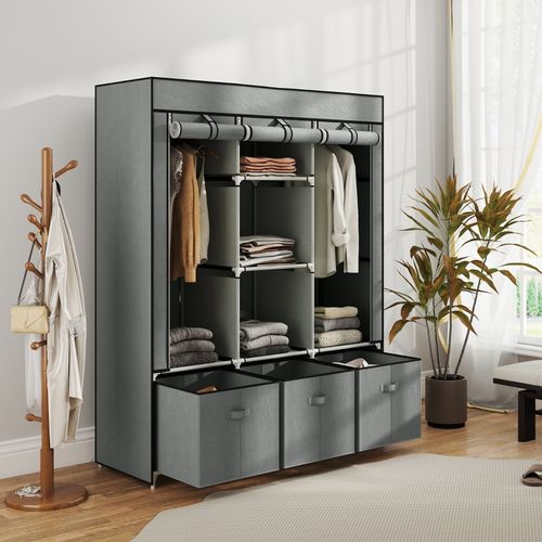 Penderie en tissu gris clair avec penderie, tiroirs et étagères, rangement pratique 125x43x162,5 cm