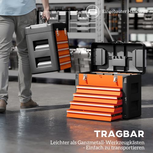 Coffret à Outils Orange 4 Tiroirs Avec Plateau Et Compartiments 49,7x25,3x40,7 Cm
