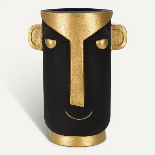 Vase Décoratif Visage Tribal En Polyresine Noir Et Doré, Style Primitif Pour Intérieur élégant
