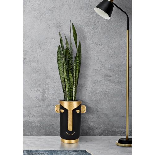 Vase Décoratif Visage Tribal En Polyresine Noir Et Doré, Style Primitif Pour Intérieur élégant