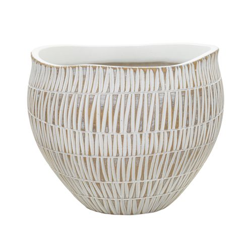 Cachepot Moderne Stiky En Résine D. 26x20,5 Cm Décor Géométrique Doré Et Blanc