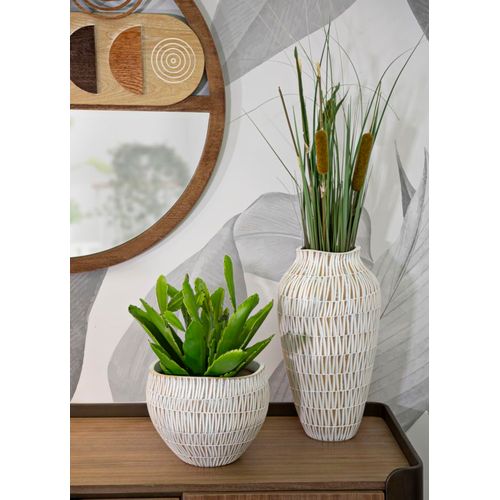 Cachepot Moderne Stiky En Résine D. 26x20,5 Cm Décor Géométrique Doré Et Blanc