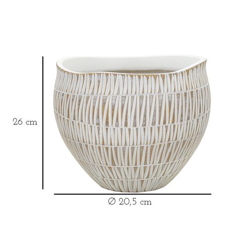 Cachepot Moderne Stiky En Résine D. 26x20,5 Cm Décor Géométrique Doré Et Blanc