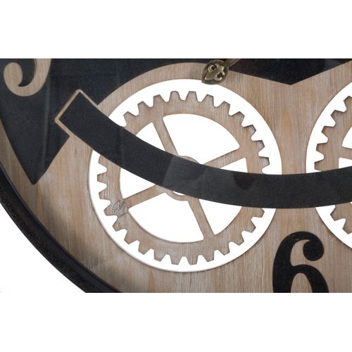 Horloge Murale Industrielle D.67 Cm Métal Noir Et Mdf Marron Avec Décor Engrenages