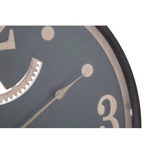 Horloge Murale Industrielle D.67 Cm Métal Noir Et Mdf Marron Avec Décor Engrenages