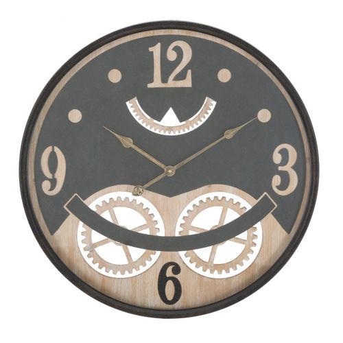 Horloge Murale Industrielle D.67 Cm Métal Noir Et Mdf Marron Avec Décor Engrenages