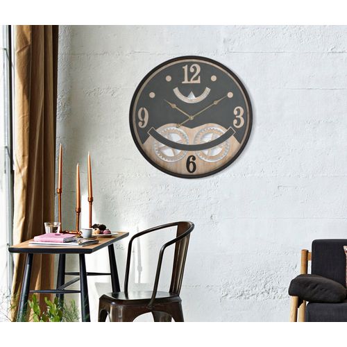 Horloge Murale Industrielle D.67 Cm Métal Noir Et Mdf Marron Avec Décor Engrenages