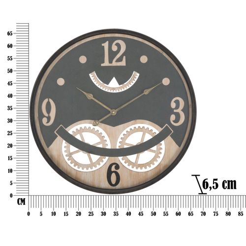 Horloge Murale Industrielle D.67 Cm Métal Noir Et Mdf Marron Avec Décor Engrenages