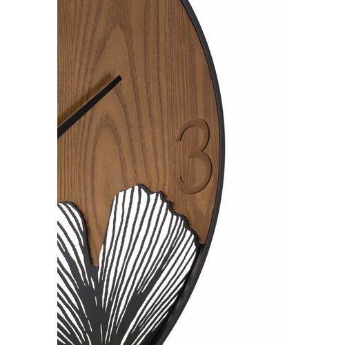 Horloge Murale Ronde 60 Cm En Métal Et Bois Avec Gravures Feuille Tropicales Pour Décoration Moderne