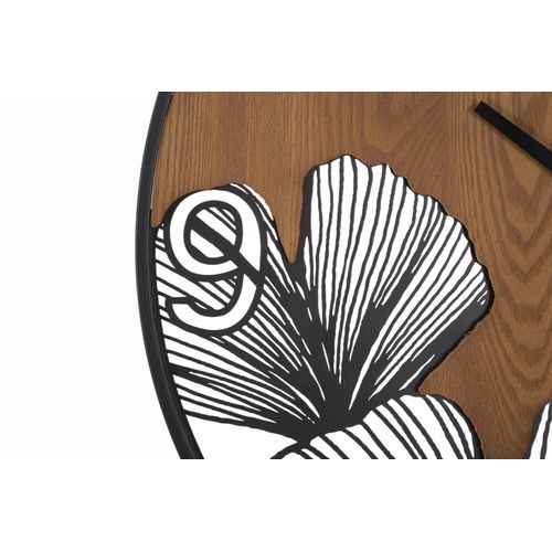 Horloge Murale Ronde 60 Cm En Métal Et Bois Avec Gravures Feuille Tropicales Pour Décoration Moderne