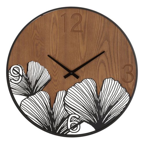 Horloge Murale Ronde 60 Cm En Métal Et Bois Avec Gravures Feuille Tropicales Pour Décoration Moderne