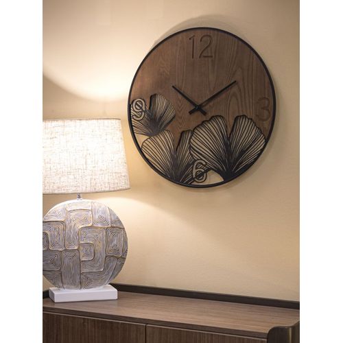 Horloge Murale Ronde 60 Cm En Métal Et Bois Avec Gravures Feuille Tropicales Pour Décoration Moderne