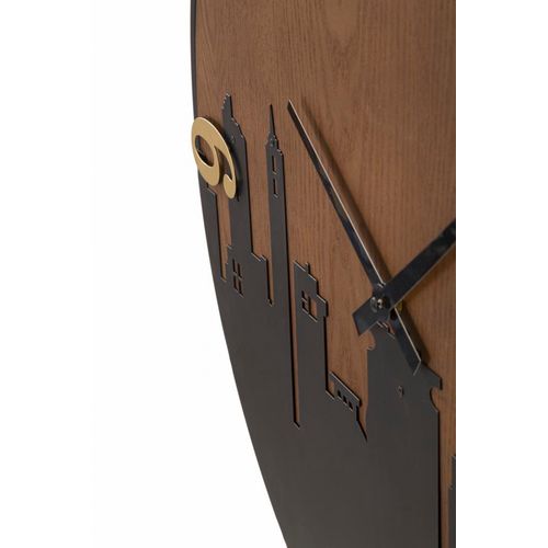 Horloge Murale Ronde 60 Cm En Métal Et Bois Avec Gravure Skyline élégante Pour Intérieur Moderne