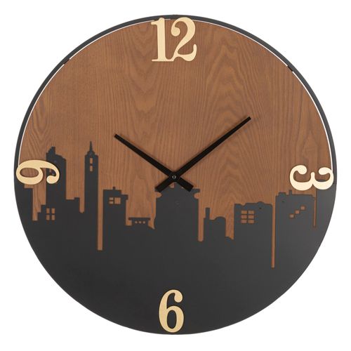 Horloge Murale Ronde 60 Cm En Métal Et Bois Avec Gravure Skyline élégante Pour Intérieur Moderne
