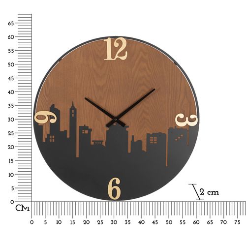 Horloge Murale Ronde 60 Cm En Métal Et Bois Avec Gravure Skyline élégante Pour Intérieur Moderne