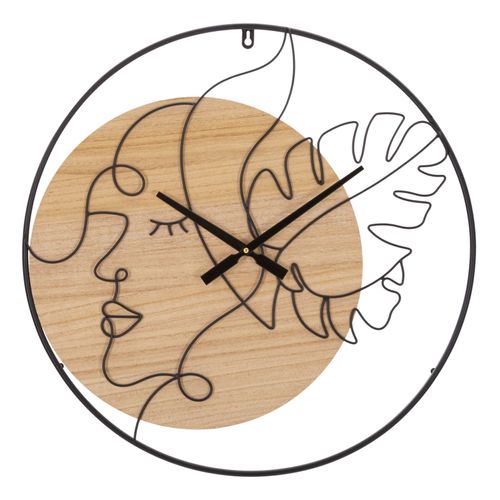 Horloge Murale Ronde 60 Cm En Métal Et Bois Avec Visage Et Feuilles Aux Lignes Sinueuses