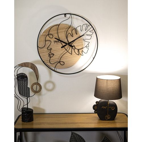 Horloge Murale Ronde 60 Cm En Métal Et Bois Avec Visage Et Feuilles Aux Lignes Sinueuses