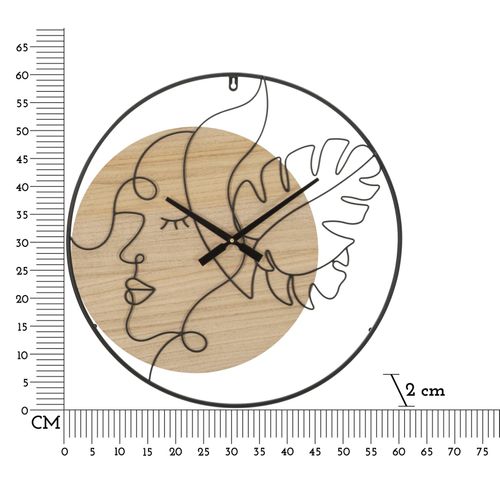 Horloge Murale Ronde 60 Cm En Métal Et Bois Avec Visage Et Feuilles Aux Lignes Sinueuses